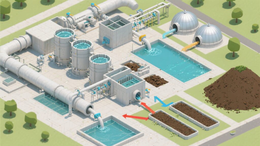 ilustración técnica de la PTAR con el proceso de tratamiento de lodos.