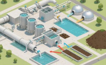 ilustración técnica de la PTAR con el proceso de tratamiento de lodos.