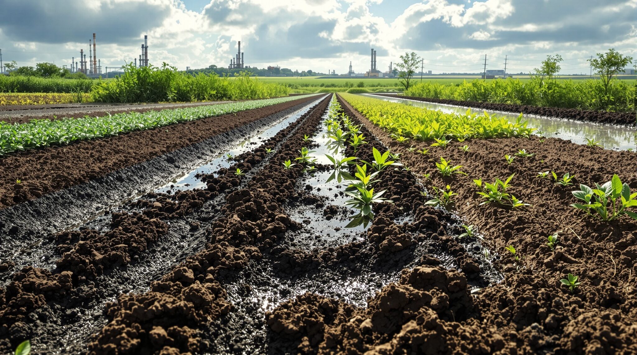 Imagen hero hiperrealista que muestra la transición de un suelo contaminado por hidrocarburos a un suelo restaurado: a la izquierda, terreno industrial oscuro con charcos aceitosos y vegetación marchita; al centro, técnicos aplican enmiendas orgánicas sobre el suelo con detalle de compost y raíces; a la derecha, suelo marrón fértil con hierbas verdes densas y un laboratorio móvil al fondo, bajo luz cálida de atardecer.