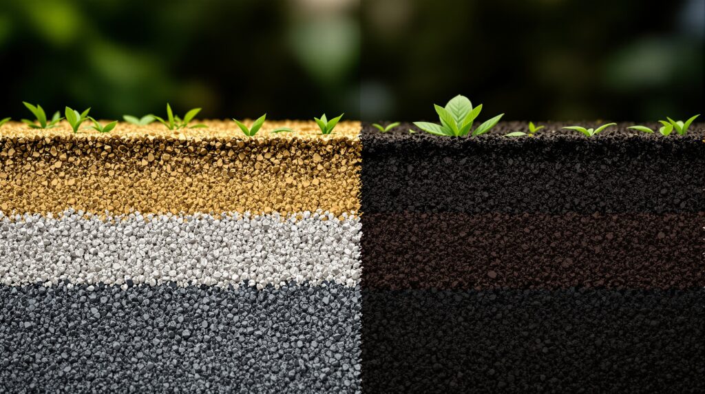 Corte de suelo hiperrealista mostrando la transición de un terreno degradado a uno restaurado: a la izquierda, perfil edáfico seco con raíces escasas; hacia la derecha, suelo oscuro y granular con fragmentos de biochar, partículas que sugieren zeolita/arcilla y raíces vigorosas. En superficie, técnicos aplican Bocashi e inoculante microbiano; al fondo, cultivos verdes sanos y un maletín de campo con pH/conductímetro bajo luz dorada de tarde.