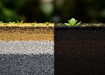 Corte de suelo hiperrealista mostrando la transición de un terreno degradado a uno restaurado: a la izquierda, perfil edáfico seco con raíces escasas; hacia la derecha, suelo oscuro y granular con fragmentos de biochar, partículas que sugieren zeolita/arcilla y raíces vigorosas. En superficie, técnicos aplican Bocashi e inoculante microbiano; al fondo, cultivos verdes sanos y un maletín de campo con pH/conductímetro bajo luz dorada de tarde.